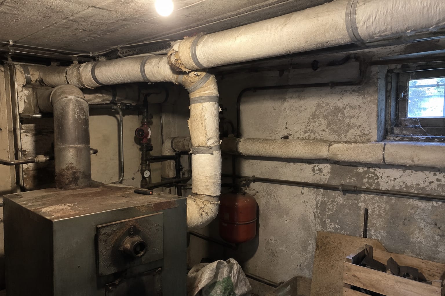 Tuyaux de chauffage d’une chaufferie de sous-sol entourés d’un épais isolant blanc cassé sous bandes de tissu, effiloché à un coude.